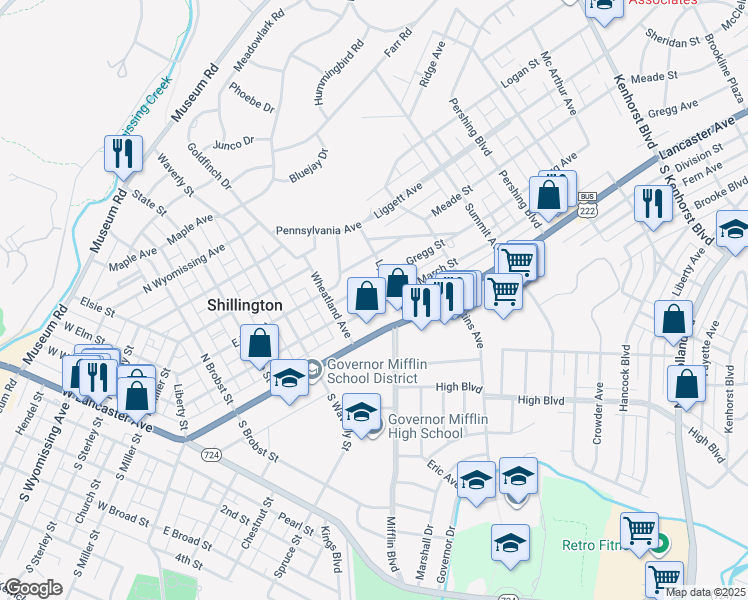 map of restaurants, bars, coffee shops, grocery stores, and more near 437 March Street in Shillington