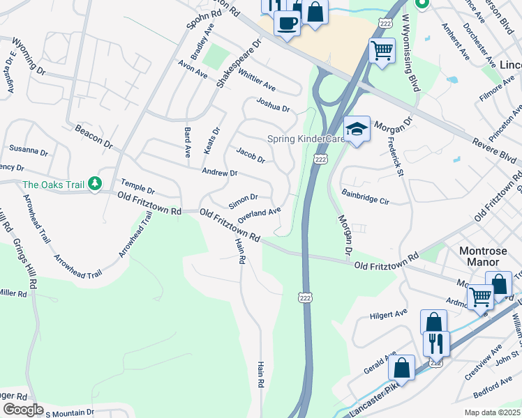 map of restaurants, bars, coffee shops, grocery stores, and more near 2314 Overland Avenue in Sinking Spring