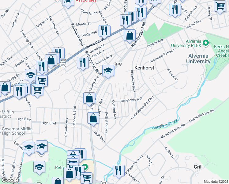 map of restaurants, bars, coffee shops, grocery stores, and more near 1380 Kenhorst Boulevard in Reading
