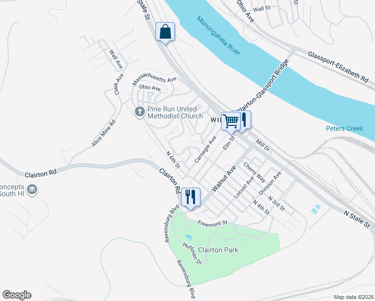 map of restaurants, bars, coffee shops, grocery stores, and more near 647 Delaware Avenue in Clairton