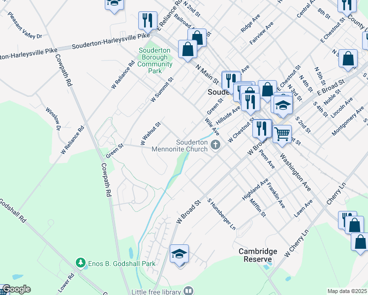 map of restaurants, bars, coffee shops, grocery stores, and more near 162 West Street in Souderton