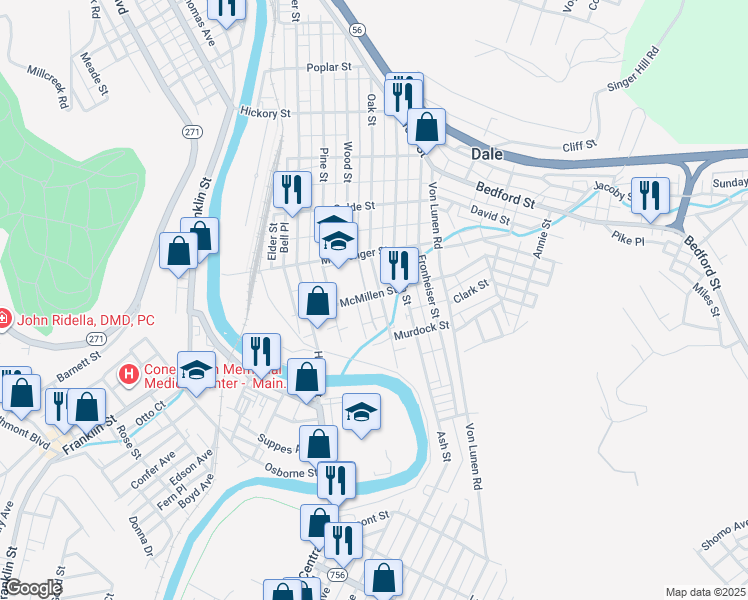 map of restaurants, bars, coffee shops, grocery stores, and more near 314 McMillen Street in Johnstown