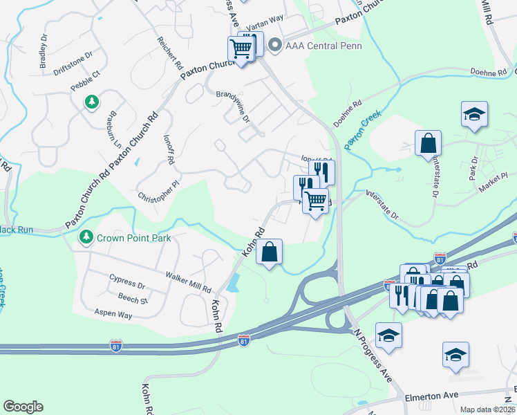 map of restaurants, bars, coffee shops, grocery stores, and more near 134 Reserve Way in Harrisburg