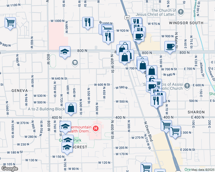map of restaurants, bars, coffee shops, grocery stores, and more near 427 West 600 North Street in Orem