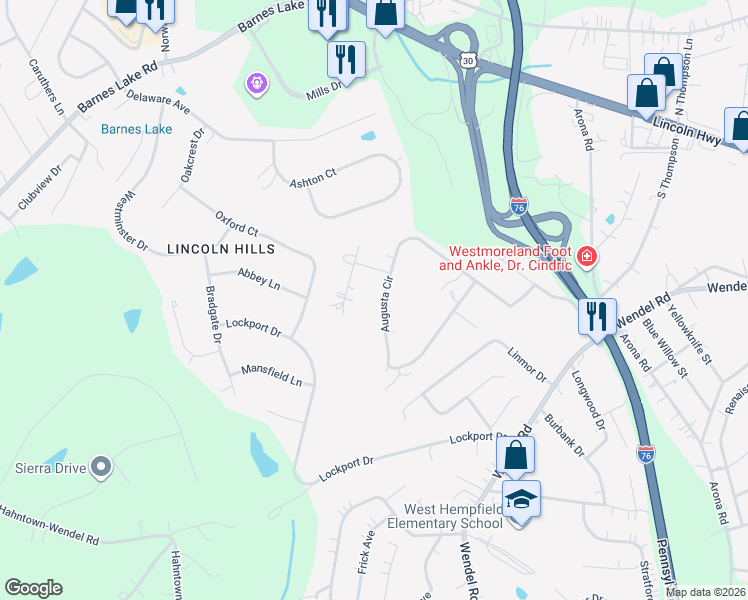 map of restaurants, bars, coffee shops, grocery stores, and more near 1121 Augusta Circle in North Huntingdon