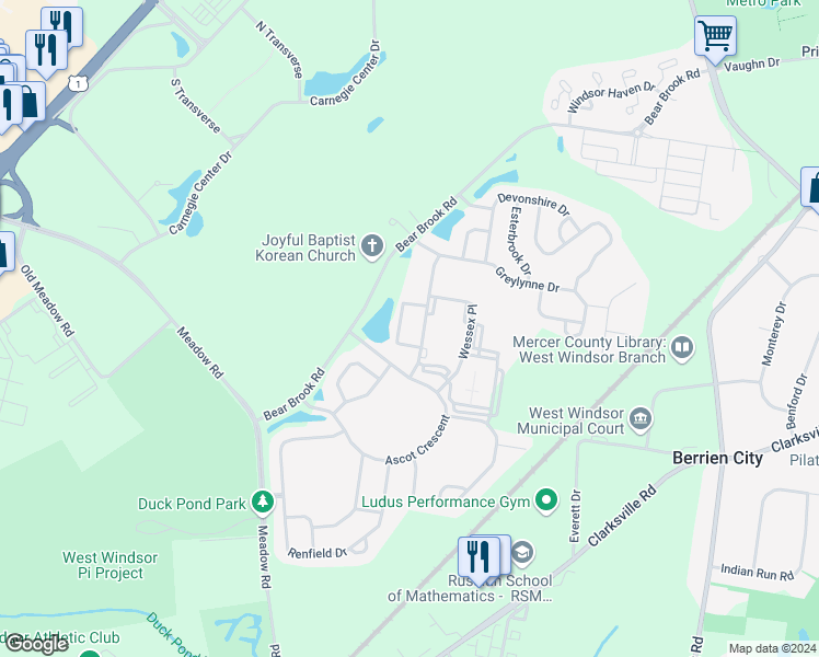 map of restaurants, bars, coffee shops, grocery stores, and more near 1210 Wessex Place in Princeton
