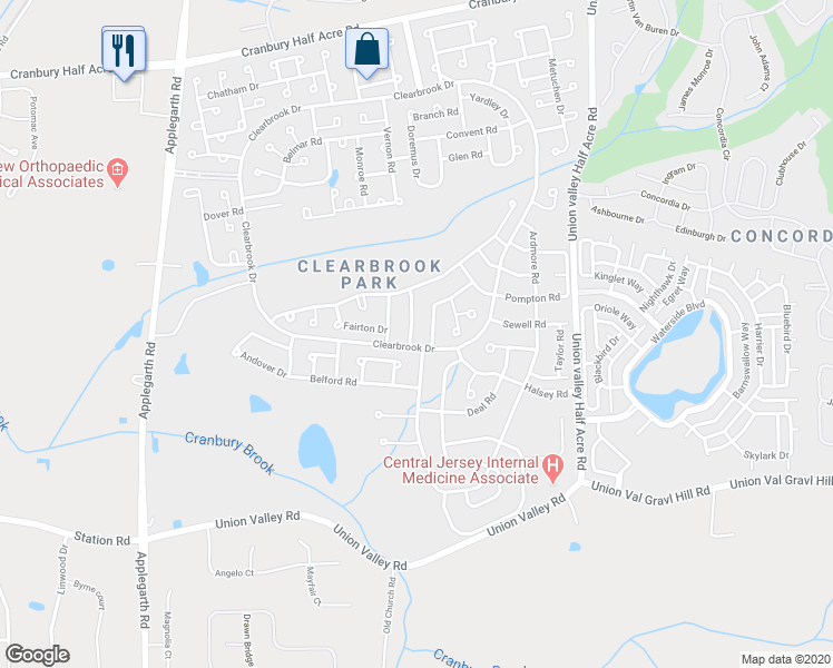 map of restaurants, bars, coffee shops, grocery stores, and more near 701C Croydon Road in Monroe Township