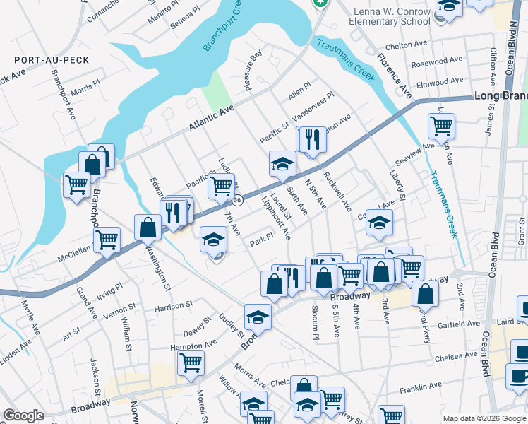 map of restaurants, bars, coffee shops, grocery stores, and more near 376 Hendrickson Avenue in Long Branch