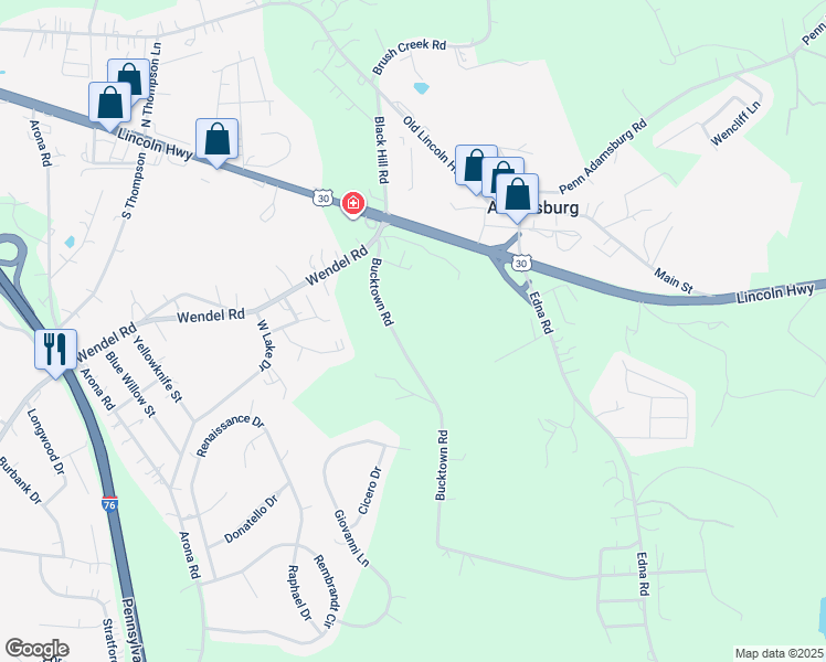 map of restaurants, bars, coffee shops, grocery stores, and more near 65 Bucktown Road in Irwin