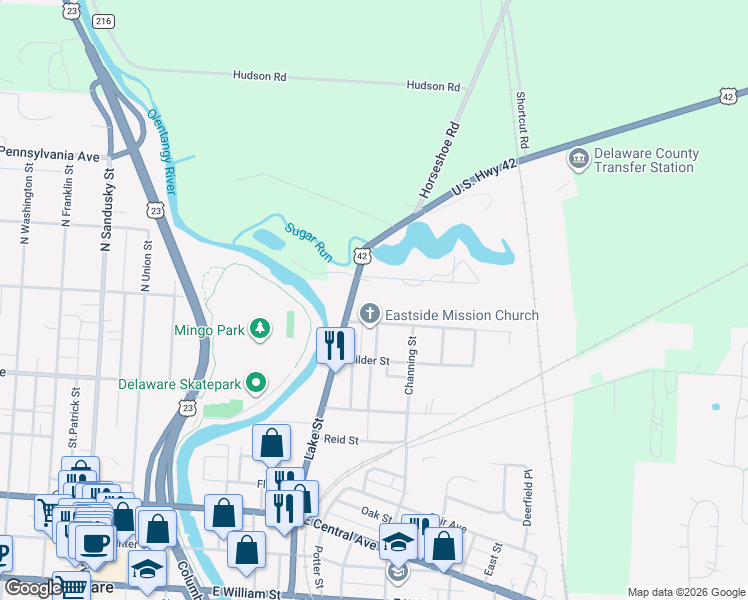 map of restaurants, bars, coffee shops, grocery stores, and more near 47 Joy Avenue in Delaware