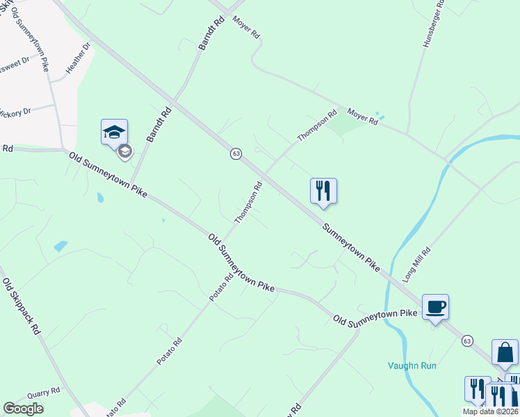 map of restaurants, bars, coffee shops, grocery stores, and more near 2850 Thompson Road in Harleysville