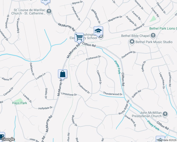 map of restaurants, bars, coffee shops, grocery stores, and more near 1057 Highfield Road in Bethel Park