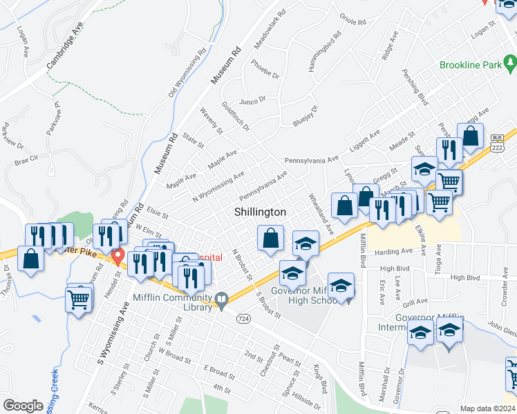 map of restaurants, bars, coffee shops, grocery stores, and more near 221 Reading Avenue in Shillington