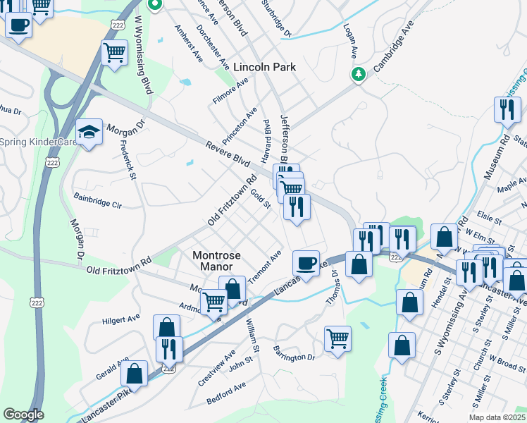 map of restaurants, bars, coffee shops, grocery stores, and more near 104 Parkside Avenue in Reading