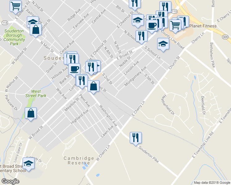 map of restaurants, bars, coffee shops, grocery stores, and more near 125 Montgomery Avenue in Souderton