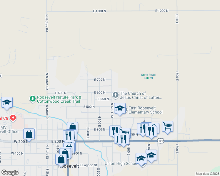 map of restaurants, bars, coffee shops, grocery stores, and more near 588 East 650 North in Roosevelt