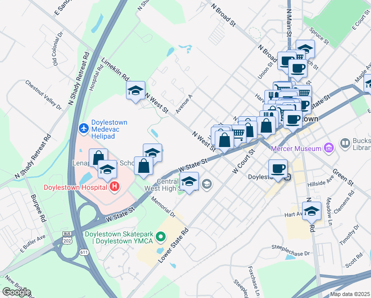 map of restaurants, bars, coffee shops, grocery stores, and more near 303 West State Street in Doylestown