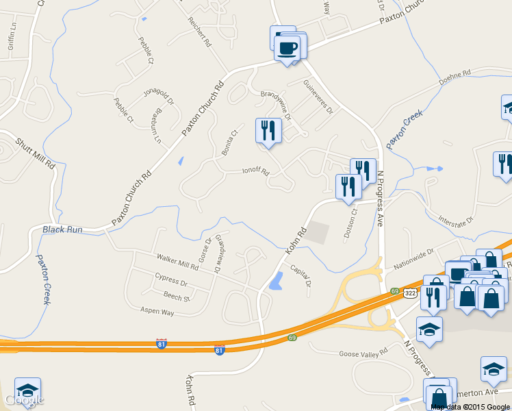 map of restaurants, bars, coffee shops, grocery stores, and more near 2804 Ionoff Rd in Harrisburg