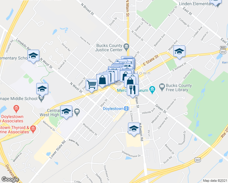 map of restaurants, bars, coffee shops, grocery stores, and more near 50 South Clinton Street in Doylestown