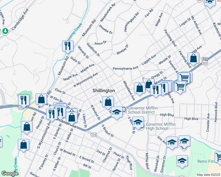 map of restaurants, bars, coffee shops, grocery stores, and more near 222 North Waverly Street in Shillington