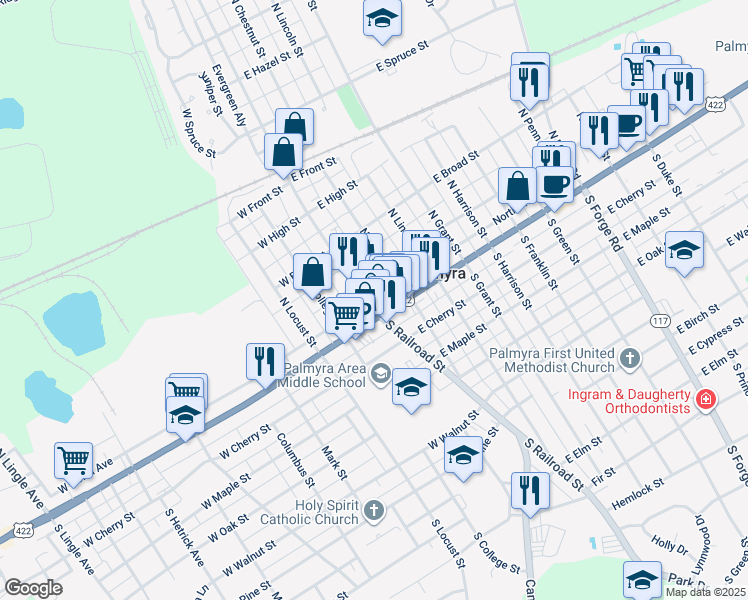 map of restaurants, bars, coffee shops, grocery stores, and more near 16 North Railroad Street in Palmyra