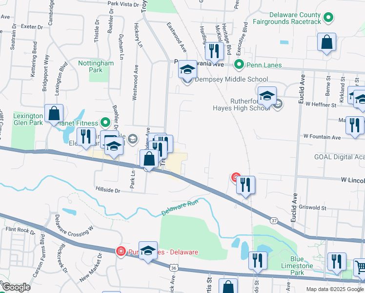 map of restaurants, bars, coffee shops, grocery stores, and more near 72 Georgetown Drive in Delaware