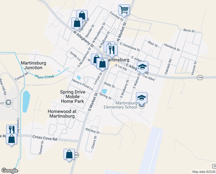 map of restaurants, bars, coffee shops, grocery stores, and more near 110 State Street in Martinsburg