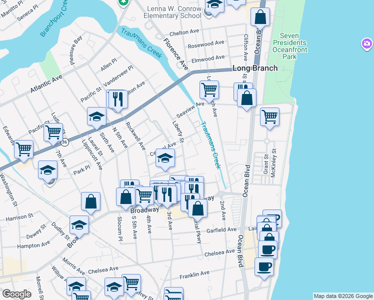 map of restaurants, bars, coffee shops, grocery stores, and more near 97 Liberty Street in Long Branch