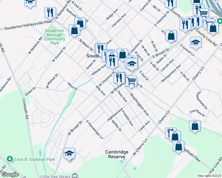 map of restaurants, bars, coffee shops, grocery stores, and more near 69 West Broad Street in Souderton