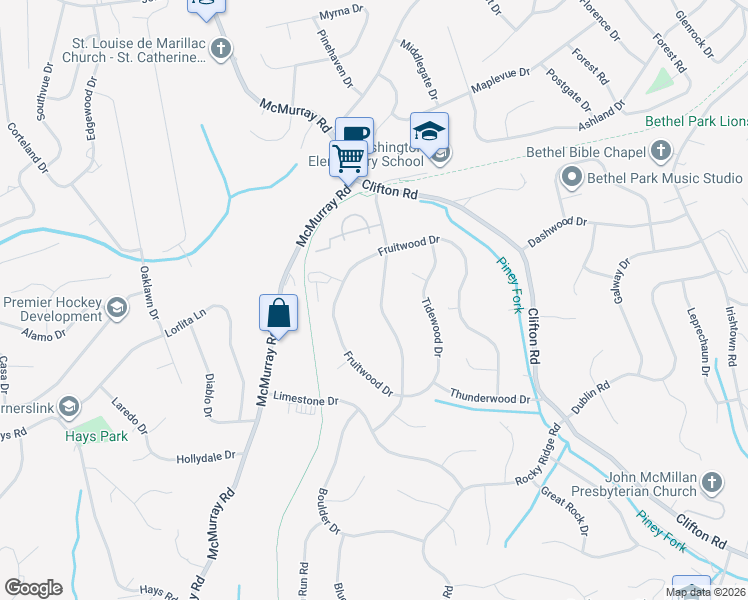 map of restaurants, bars, coffee shops, grocery stores, and more near 1056 Highfield Road in Bethel Park