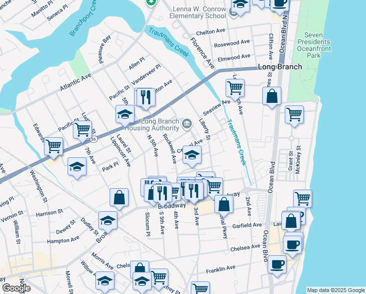 map of restaurants, bars, coffee shops, grocery stores, and more near 267 Central Avenue in Long Branch