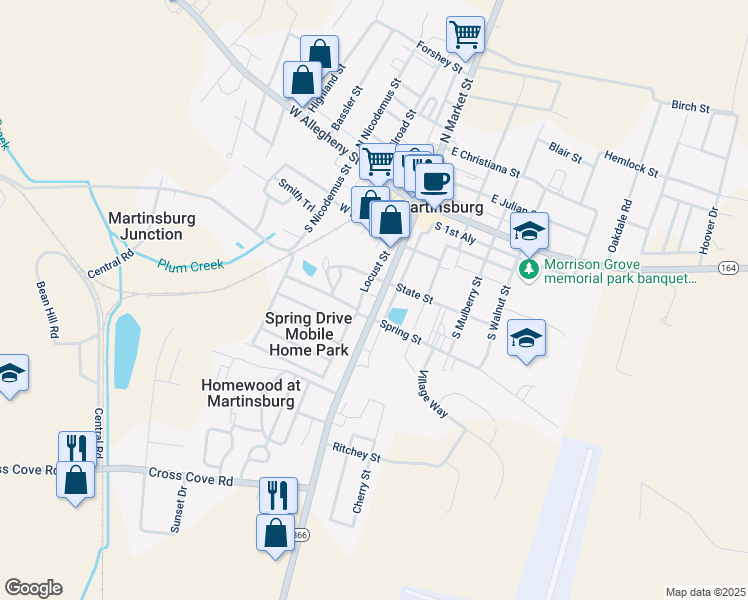 map of restaurants, bars, coffee shops, grocery stores, and more near 312 South Market Street in Martinsburg
