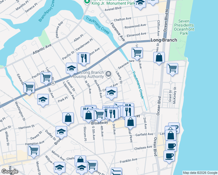 map of restaurants, bars, coffee shops, grocery stores, and more near 275 Central Avenue in Long Branch