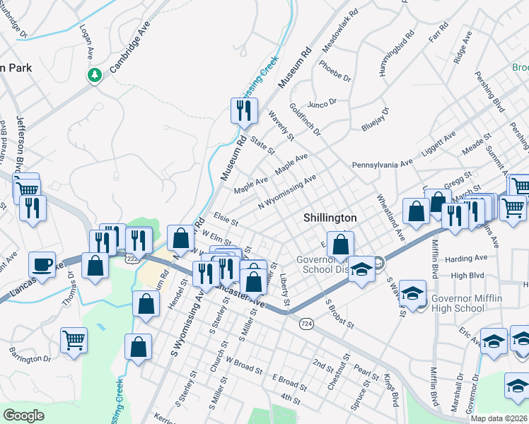map of restaurants, bars, coffee shops, grocery stores, and more near 31 Pennsylvania Avenue in Shillington