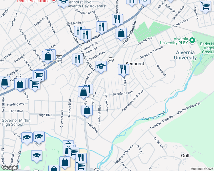map of restaurants, bars, coffee shops, grocery stores, and more near 1380 Kenhorst Boulevard in Reading