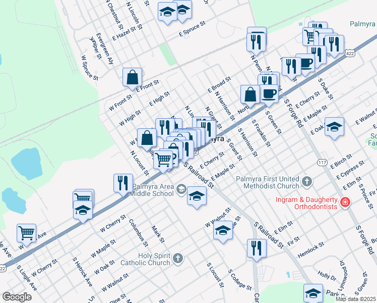 map of restaurants, bars, coffee shops, grocery stores, and more near 54 East Main Street in Palmyra