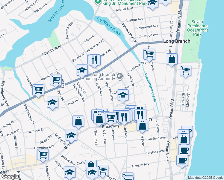 map of restaurants, bars, coffee shops, grocery stores, and more near 113 Rockwell Avenue in Long Branch