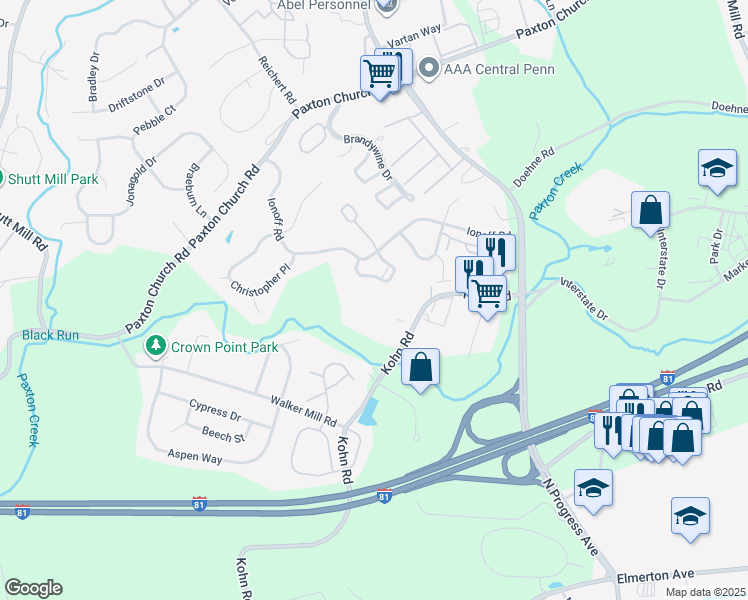 map of restaurants, bars, coffee shops, grocery stores, and more near 134 Reserve Way in Harrisburg