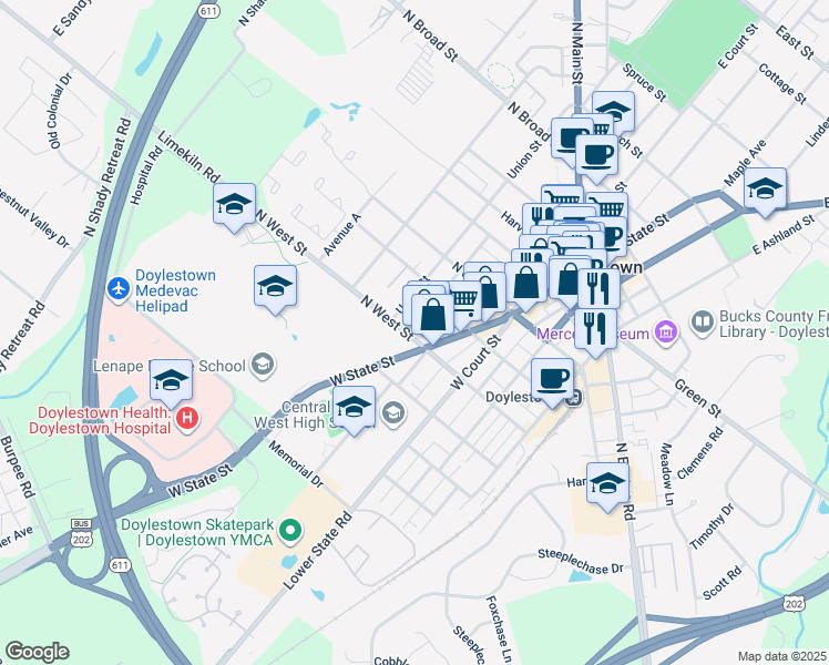 map of restaurants, bars, coffee shops, grocery stores, and more near 23 North West Street in Doylestown
