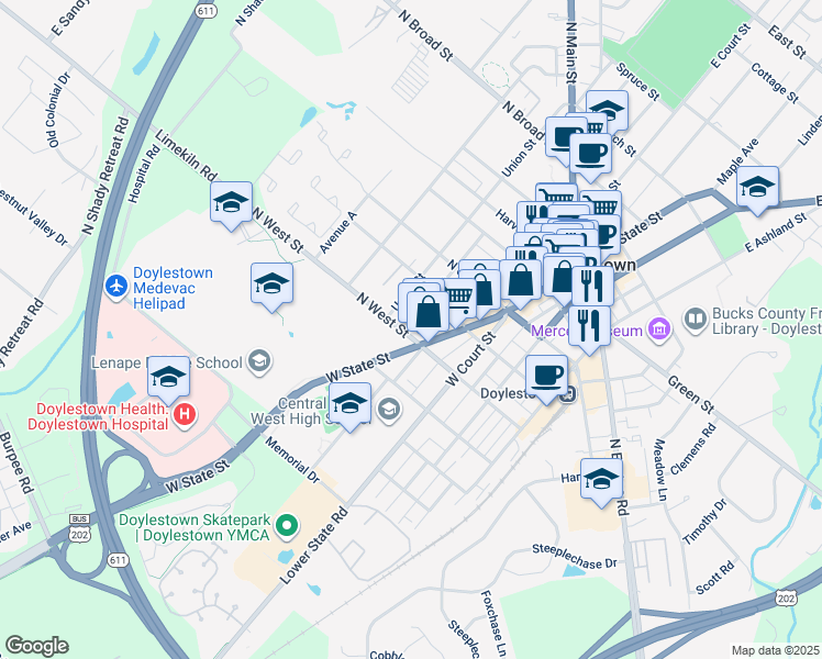 map of restaurants, bars, coffee shops, grocery stores, and more near 23 North West Street in Doylestown