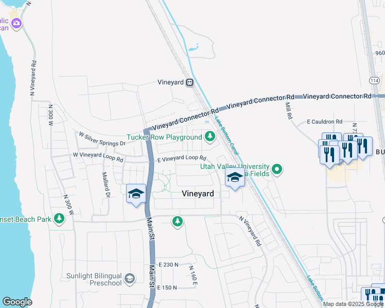 map of restaurants, bars, coffee shops, grocery stores, and more near 154 East 630 North in Vineyard