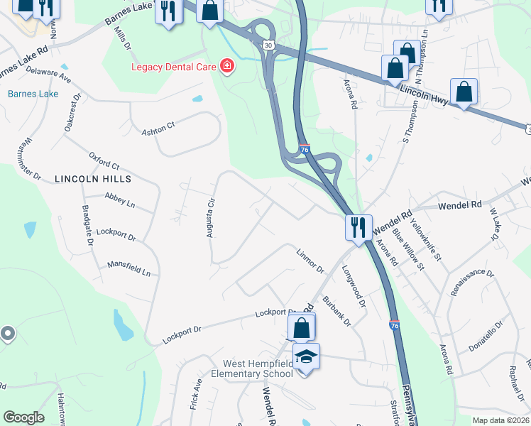 map of restaurants, bars, coffee shops, grocery stores, and more near 640 Susan Drive in Irwin