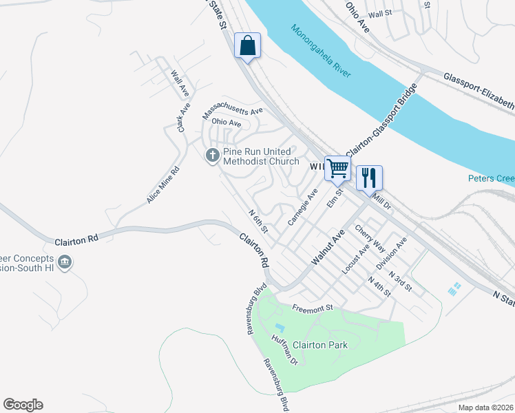 map of restaurants, bars, coffee shops, grocery stores, and more near 720 North 6th Street in Clairton