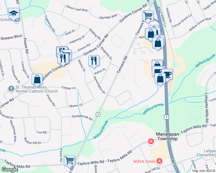 map of restaurants, bars, coffee shops, grocery stores, and more near 36 Kensington Drive in Manalapan Township