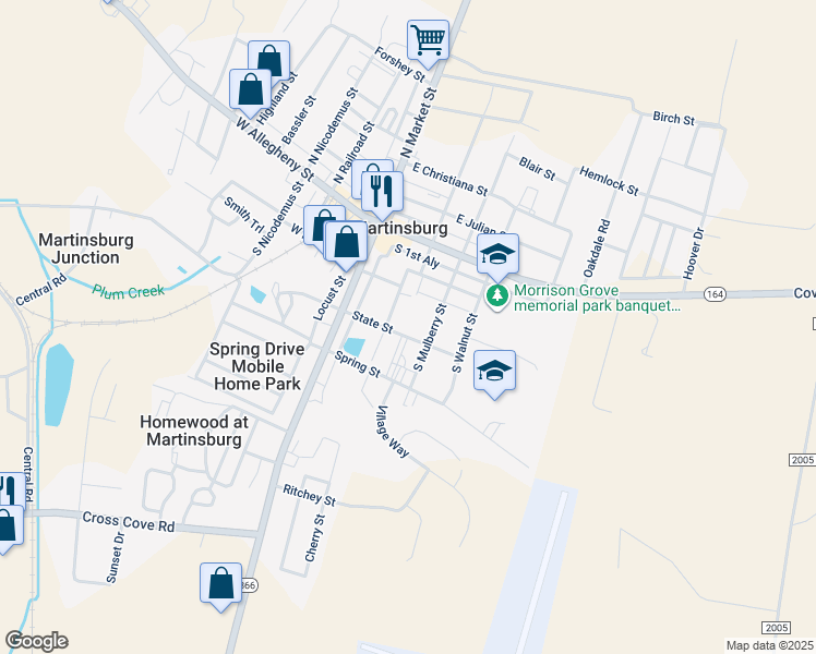 map of restaurants, bars, coffee shops, grocery stores, and more near 301 State Street in Martinsburg