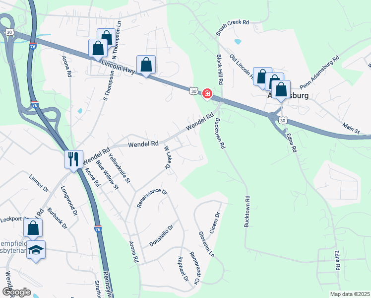 map of restaurants, bars, coffee shops, grocery stores, and more near 97 Sir Richard Drive in Irwin