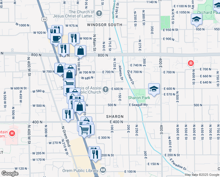 map of restaurants, bars, coffee shops, grocery stores, and more near 120 East 600 North in Orem