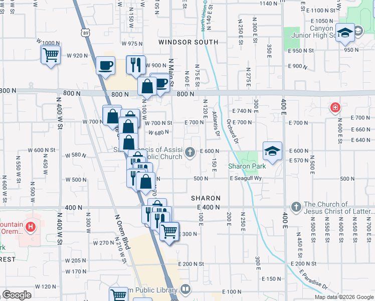 map of restaurants, bars, coffee shops, grocery stores, and more near 57 East 600 North in Orem