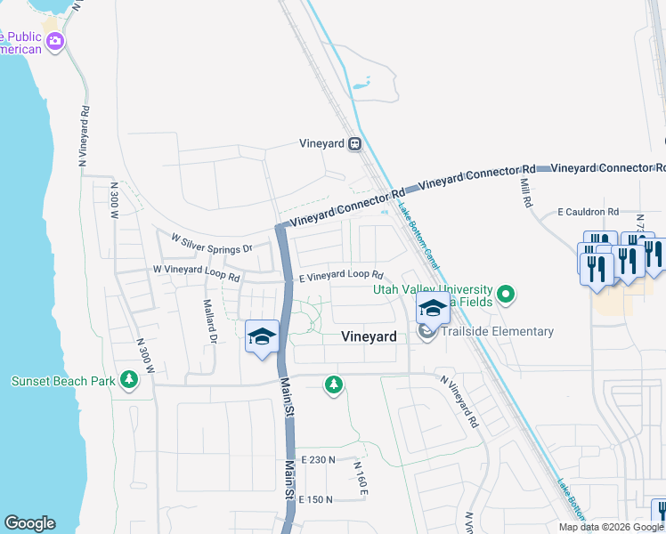 map of restaurants, bars, coffee shops, grocery stores, and more near 84e East Vineyard Loop Road in Vineyard