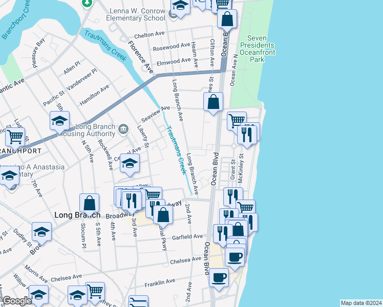 map of restaurants, bars, coffee shops, grocery stores, and more near 84 Cooper Avenue in Long Branch